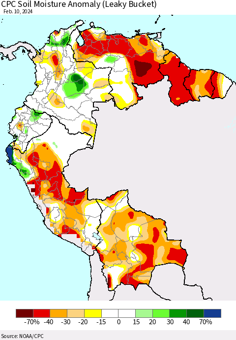 Northern South America CPC Soil Moisture Anomaly (Leaky Bucket) Thematic Map For 2/6/2024 - 2/10/2024