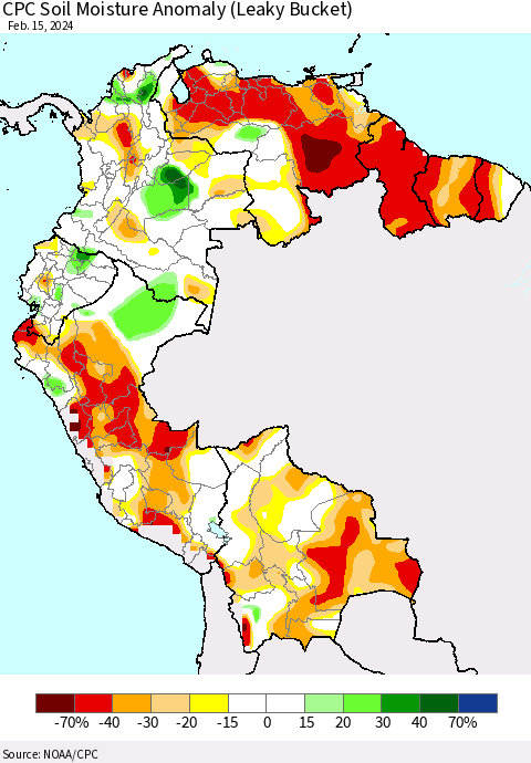 Northern South America CPC Soil Moisture Anomaly (Leaky Bucket) Thematic Map For 2/11/2024 - 2/15/2024