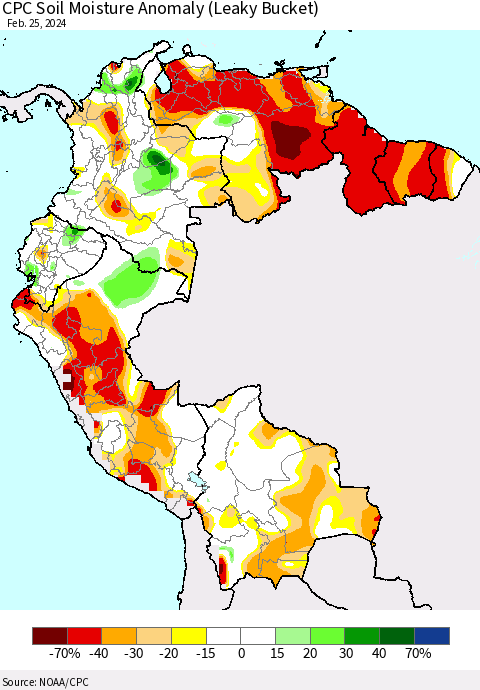 Northern South America CPC Soil Moisture Anomaly (Leaky Bucket) Thematic Map For 2/21/2024 - 2/25/2024