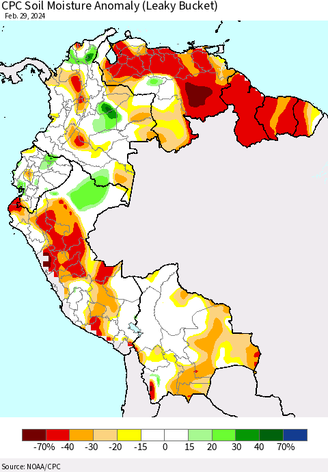 Northern South America CPC Soil Moisture Anomaly (Leaky Bucket) Thematic Map For 2/26/2024 - 2/29/2024
