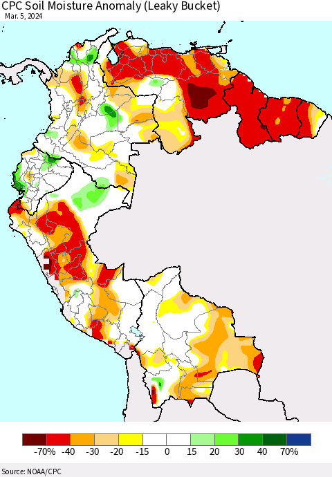 Northern South America CPC Soil Moisture Anomaly (Leaky Bucket) Thematic Map For 3/1/2024 - 3/5/2024