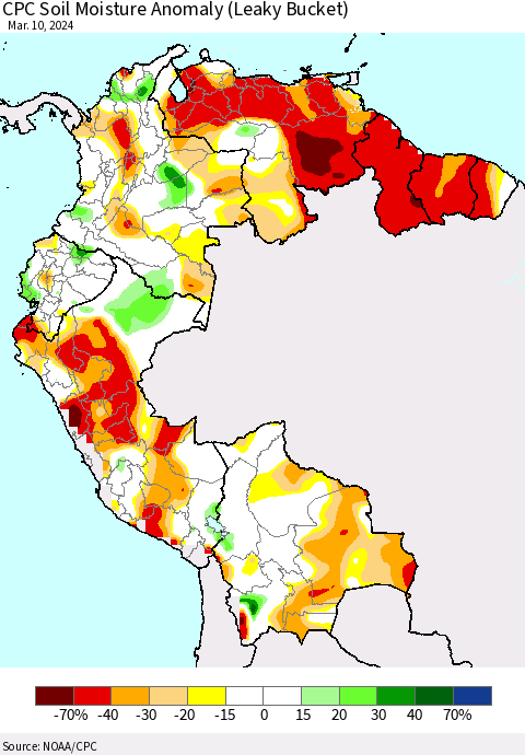 Northern South America CPC Soil Moisture Anomaly (Leaky Bucket) Thematic Map For 3/6/2024 - 3/10/2024