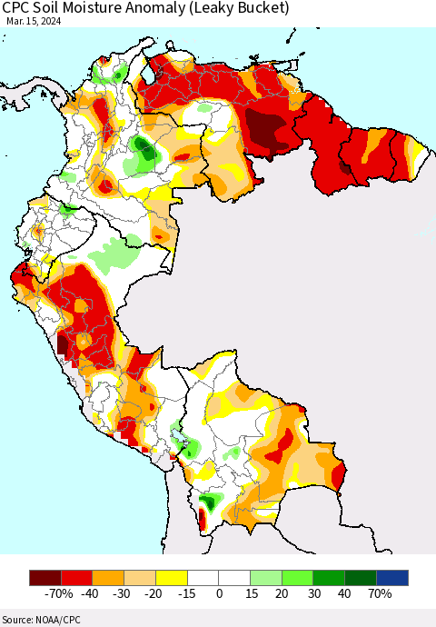 Northern South America CPC Soil Moisture Anomaly (Leaky Bucket) Thematic Map For 3/11/2024 - 3/15/2024