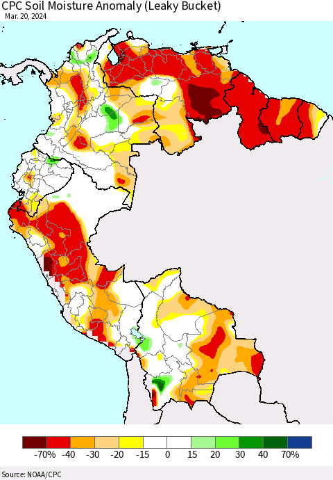 Northern South America CPC Soil Moisture Anomaly (Leaky Bucket) Thematic Map For 3/16/2024 - 3/20/2024