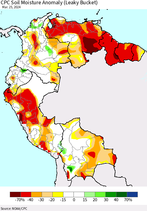 Northern South America CPC Soil Moisture Anomaly (Leaky Bucket) Thematic Map For 3/21/2024 - 3/25/2024
