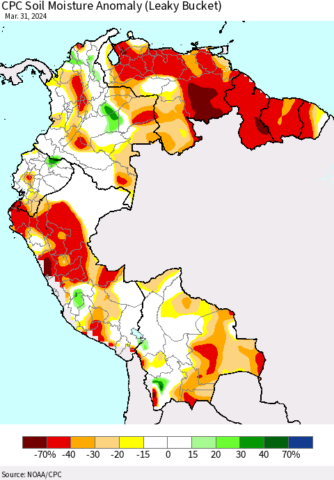 Northern South America CPC Soil Moisture Anomaly (Leaky Bucket) Thematic Map For 3/26/2024 - 3/31/2024