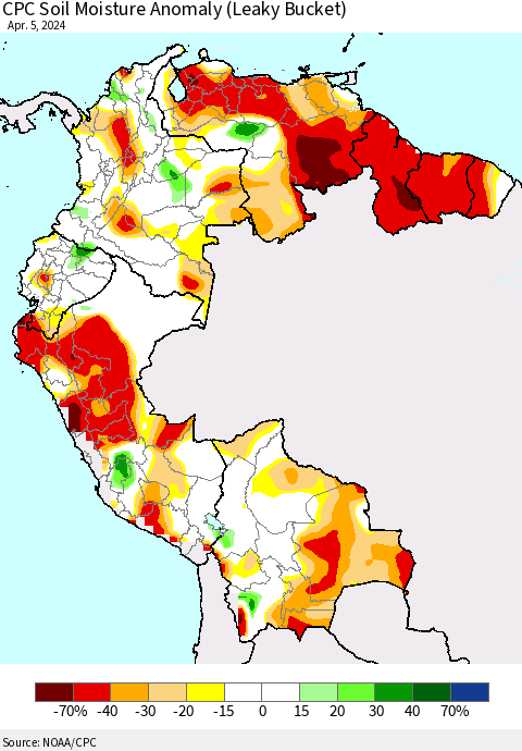 Northern South America CPC Soil Moisture Anomaly (Leaky Bucket) Thematic Map For 4/1/2024 - 4/5/2024