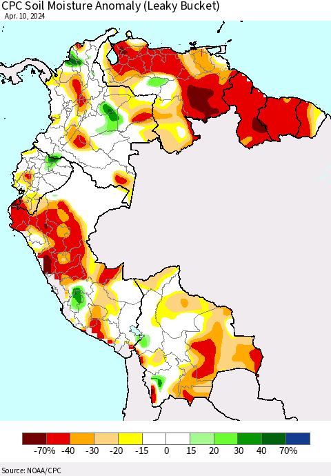 Northern South America CPC Soil Moisture Anomaly (Leaky Bucket) Thematic Map For 4/6/2024 - 4/10/2024