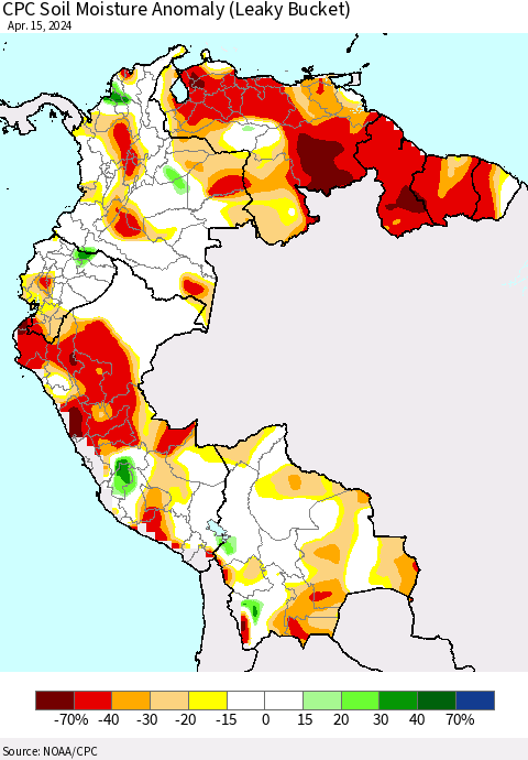 Northern South America CPC Soil Moisture Anomaly (Leaky Bucket) Thematic Map For 4/11/2024 - 4/15/2024