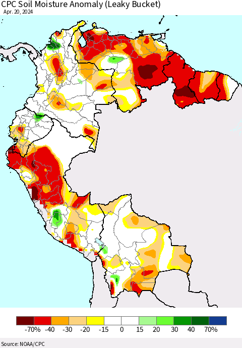 Northern South America CPC Soil Moisture Anomaly (Leaky Bucket) Thematic Map For 4/16/2024 - 4/20/2024