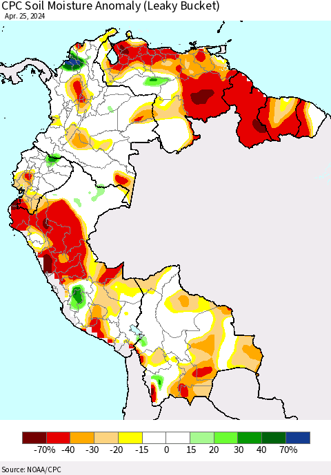 Northern South America CPC Soil Moisture Anomaly (Leaky Bucket) Thematic Map For 4/21/2024 - 4/25/2024