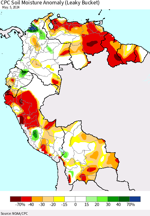 Northern South America CPC Soil Moisture Anomaly (Leaky Bucket) Thematic Map For 5/1/2024 - 5/5/2024