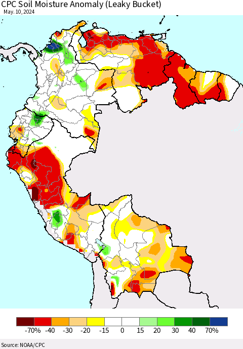 Northern South America CPC Soil Moisture Anomaly (Leaky Bucket) Thematic Map For 5/6/2024 - 5/10/2024