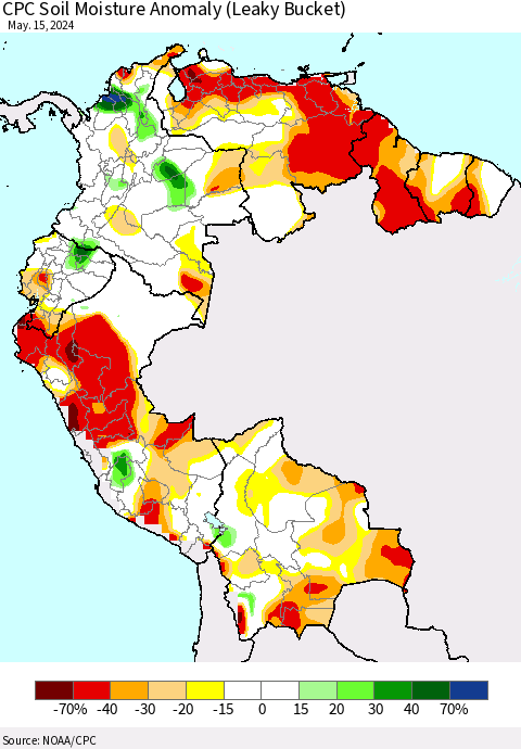 Northern South America CPC Soil Moisture Anomaly (Leaky Bucket) Thematic Map For 5/11/2024 - 5/15/2024