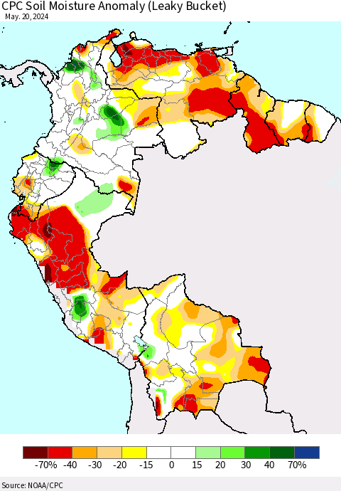 Northern South America CPC Soil Moisture Anomaly (Leaky Bucket) Thematic Map For 5/16/2024 - 5/20/2024