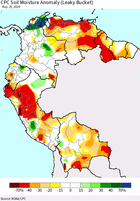 Northern South America CPC Soil Moisture Anomaly (Leaky Bucket) Thematic Map For 5/21/2024 - 5/25/2024