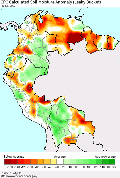Northern South America CPC Calculated Soil Moisture Anomaly (Leaky Bucket) Thematic Map For 1/1/2019 - 1/5/2019