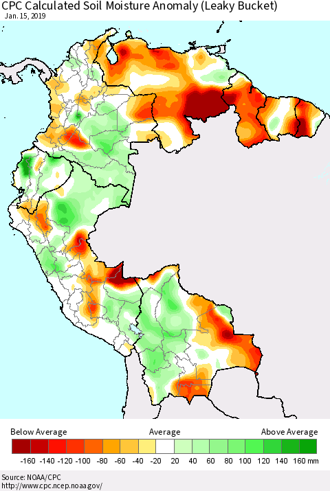 Northern South America CPC Calculated Soil Moisture Anomaly (Leaky Bucket) Thematic Map For 1/11/2019 - 1/15/2019