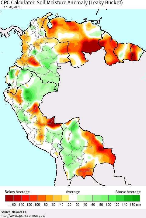 Northern South America CPC Calculated Soil Moisture Anomaly (Leaky Bucket) Thematic Map For 1/16/2019 - 1/20/2019
