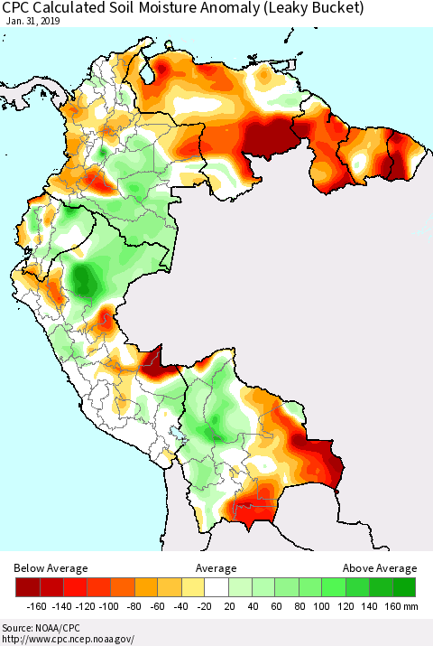 Northern South America CPC Calculated Soil Moisture Anomaly (Leaky Bucket) Thematic Map For 1/26/2019 - 1/31/2019