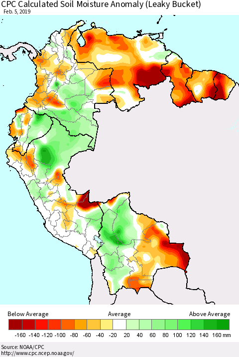Northern South America CPC Calculated Soil Moisture Anomaly (Leaky Bucket) Thematic Map For 2/1/2019 - 2/5/2019