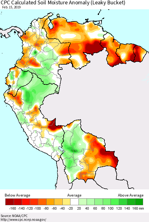 Northern South America CPC Calculated Soil Moisture Anomaly (Leaky Bucket) Thematic Map For 2/11/2019 - 2/15/2019