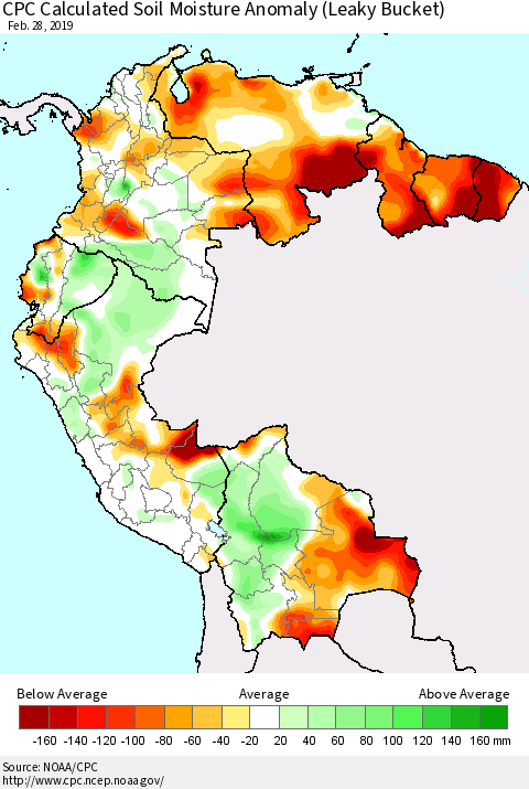 Northern South America CPC Calculated Soil Moisture Anomaly (Leaky Bucket) Thematic Map For 2/26/2019 - 2/28/2019