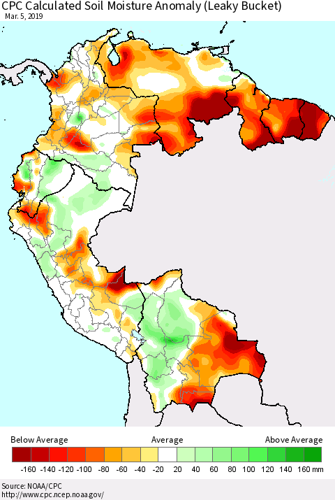 Northern South America CPC Calculated Soil Moisture Anomaly (Leaky Bucket) Thematic Map For 3/1/2019 - 3/5/2019