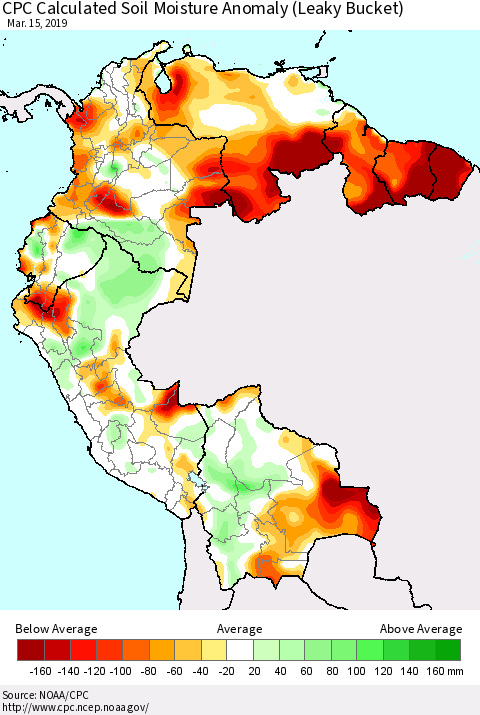 Northern South America CPC Calculated Soil Moisture Anomaly (Leaky Bucket) Thematic Map For 3/11/2019 - 3/15/2019