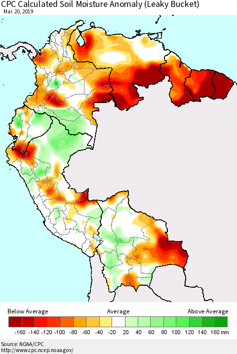 Northern South America CPC Calculated Soil Moisture Anomaly (Leaky Bucket) Thematic Map For 3/16/2019 - 3/20/2019