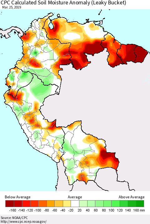Northern South America CPC Calculated Soil Moisture Anomaly (Leaky Bucket) Thematic Map For 3/21/2019 - 3/25/2019