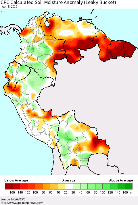 Northern South America CPC Calculated Soil Moisture Anomaly (Leaky Bucket) Thematic Map For 4/1/2019 - 4/5/2019