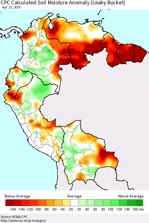 Northern South America CPC Calculated Soil Moisture Anomaly (Leaky Bucket) Thematic Map For 4/11/2019 - 4/15/2019