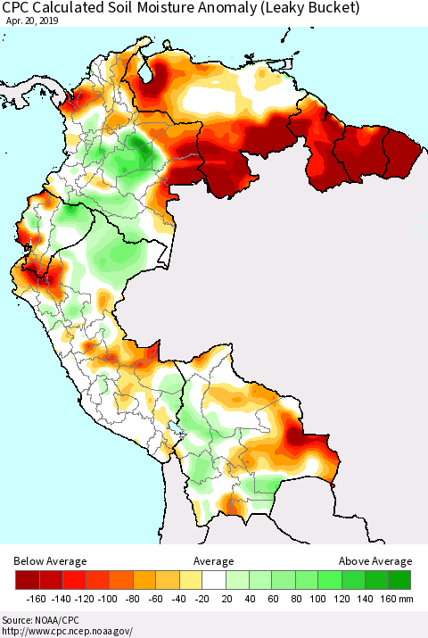 Northern South America CPC Calculated Soil Moisture Anomaly (Leaky Bucket) Thematic Map For 4/16/2019 - 4/20/2019