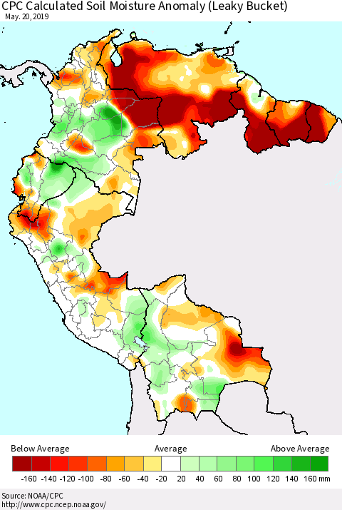 Northern South America CPC Soil Moisture Departure from Normal (Leaky Bucket) Thematic Map For 5/16/2019 - 5/20/2019