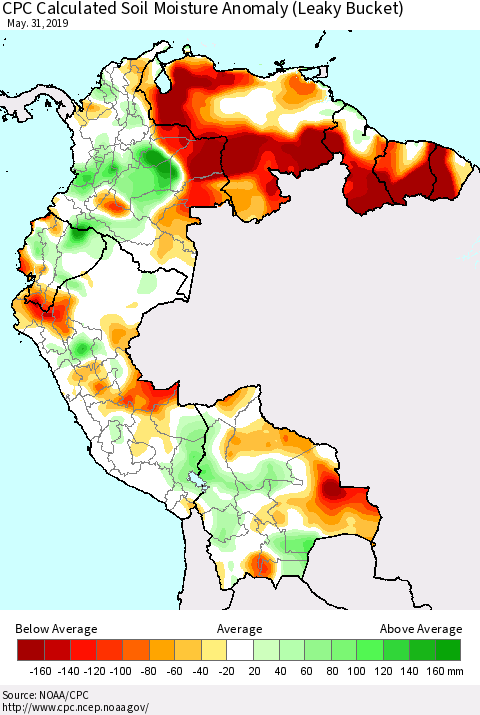 Northern South America CPC Soil Moisture Departure from Normal (Leaky Bucket) Thematic Map For 5/26/2019 - 5/31/2019