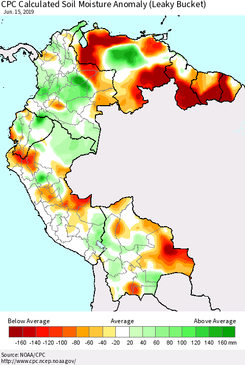 Northern South America CPC Soil Moisture Departure from Normal (Leaky Bucket) Thematic Map For 6/11/2019 - 6/15/2019