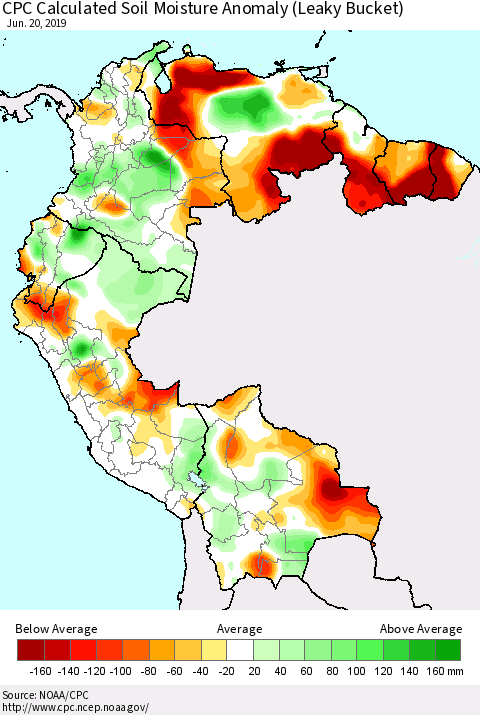 Northern South America CPC Soil Moisture Departure from Normal (Leaky Bucket) Thematic Map For 6/16/2019 - 6/20/2019