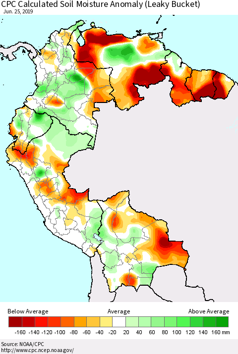 Northern South America CPC Soil Moisture Departure from Normal (Leaky Bucket) Thematic Map For 6/21/2019 - 6/25/2019