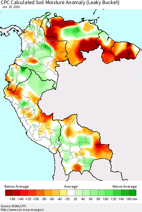 Northern South America CPC Soil Moisture Departure from Normal (Leaky Bucket) Thematic Map For 6/26/2019 - 6/30/2019