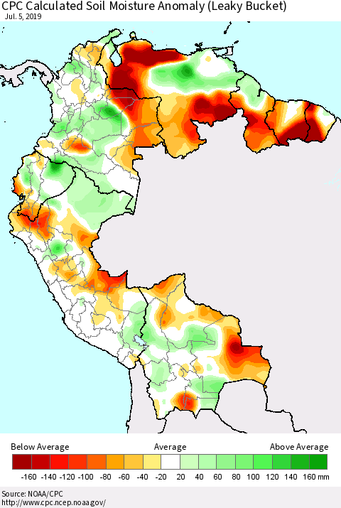Northern South America CPC Soil Moisture Departure from Normal (Leaky Bucket) Thematic Map For 7/1/2019 - 7/5/2019