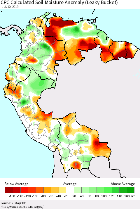 Northern South America CPC Soil Moisture Departure from Normal (Leaky Bucket) Thematic Map For 7/6/2019 - 7/10/2019