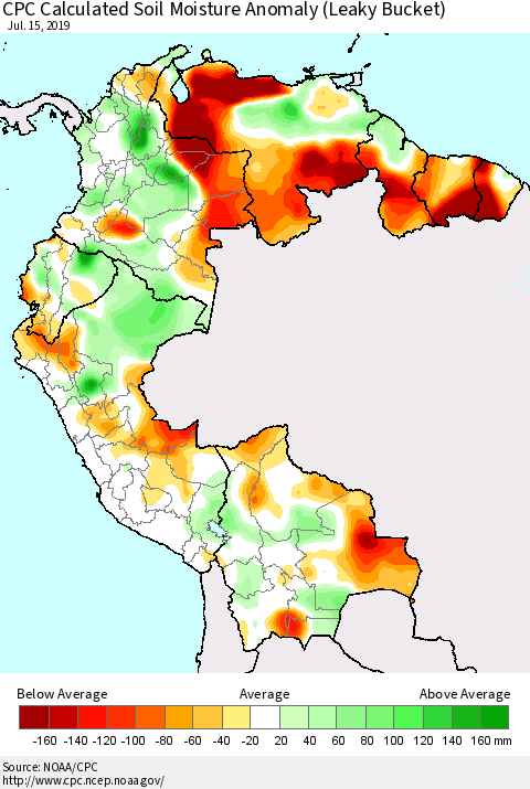 Northern South America CPC Soil Moisture Departure from Normal (Leaky Bucket) Thematic Map For 7/11/2019 - 7/15/2019