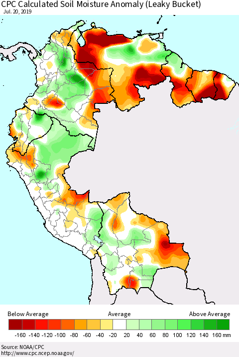 Northern South America CPC Soil Moisture Departure from Normal (Leaky Bucket) Thematic Map For 7/16/2019 - 7/20/2019