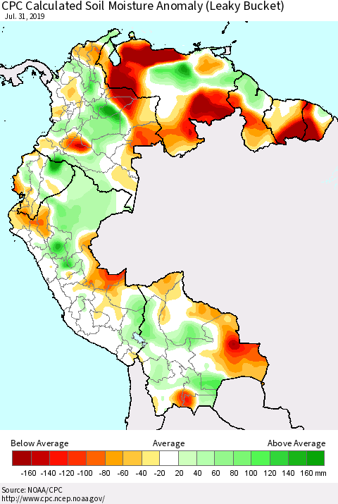 Northern South America CPC Soil Moisture Departure from Normal (Leaky Bucket) Thematic Map For 7/26/2019 - 7/31/2019