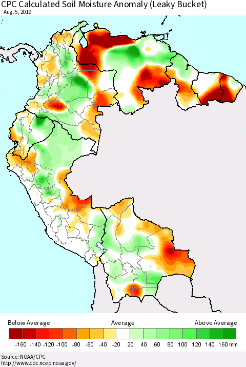 Northern South America CPC Soil Moisture Departure from Normal (Leaky Bucket) Thematic Map For 8/1/2019 - 8/5/2019
