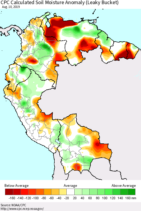 Northern South America CPC Soil Moisture Departure from Normal (Leaky Bucket) Thematic Map For 8/6/2019 - 8/10/2019
