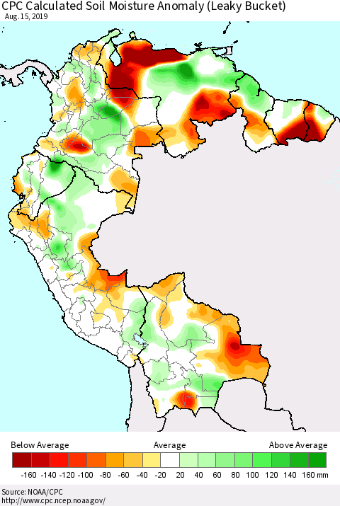 Northern South America CPC Soil Moisture Departure from Normal (Leaky Bucket) Thematic Map For 8/11/2019 - 8/15/2019