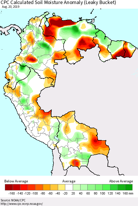Northern South America CPC Soil Moisture Departure from Normal (Leaky Bucket) Thematic Map For 8/16/2019 - 8/20/2019