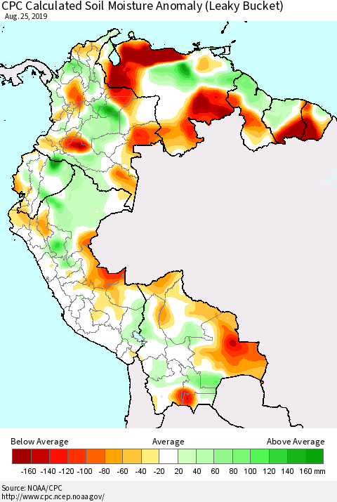 Northern South America CPC Soil Moisture Departure from Normal (Leaky Bucket) Thematic Map For 8/21/2019 - 8/25/2019